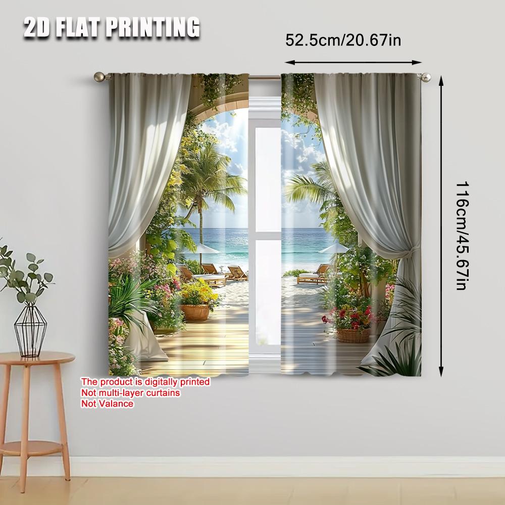 2pcs   Fashionable Curtains 2D print Hawaiian Beach Scene Fabric (without rod) Versatile All for Bedroom   Living Room