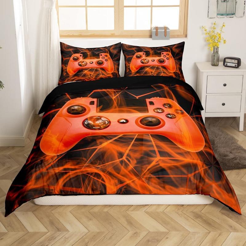 Gaming Duvet Cover Set King Red Honeycomb Printed Bedding Set Polyester Game Red And Black Novelty Gamepad Joysticks Quilt Cover