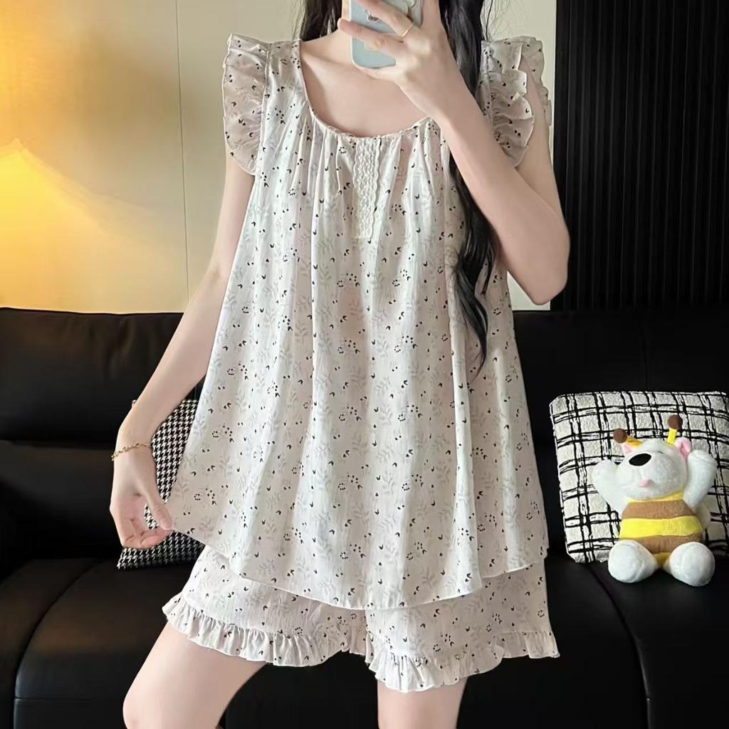 INS style new pajamas for women, summer bubble crepe sweet sleeveless pajamas and shorts set, two-piece loungewear
