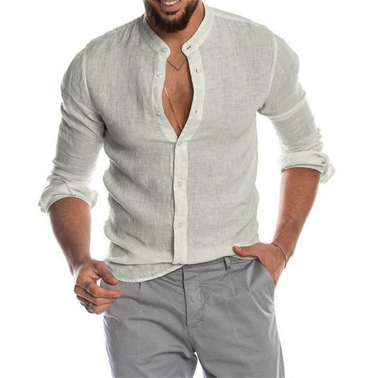 Plus Size Men's Spring and Summer Comfortable Long Sleeve Linen Top Solid Buttoned Stand Collar Loose Shirt