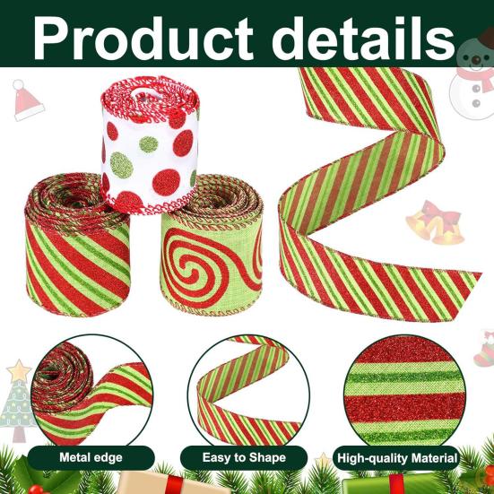 5 Yards Christmas Wired Ribbon 2.48" Red Green Polka Dot/Stripe/Swirl Christmas Wrapping Ribbon for Xmas Tree Wreath Bow Gift Wrapping DIY Crafts