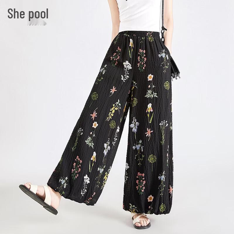 Women s Elastic Waist Floral Print Casual Pants L
