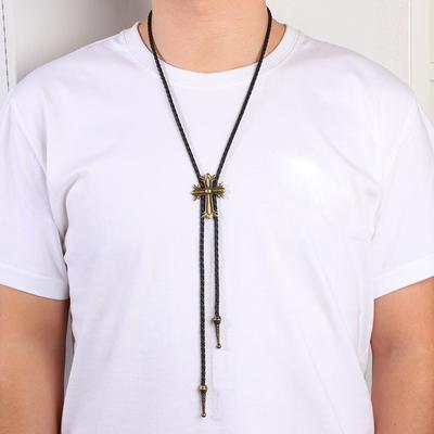Men Indian Style Long Sweater Chain Cross Pendant Cowhide Rope Necklace