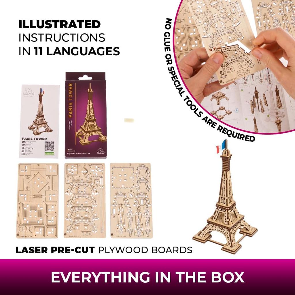 Ugears Eiffel Tower 70249 Wooden No Glue or Tools 3D Assembly Instructions For Beginners Puzzle, Required, Puzzle, Included,