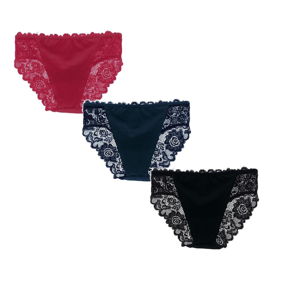 Women Lace Trim Panties Set of 3 Seamless Briefs with Floral Mesh Panels Soft Stretch Fabric Comfortable Fit