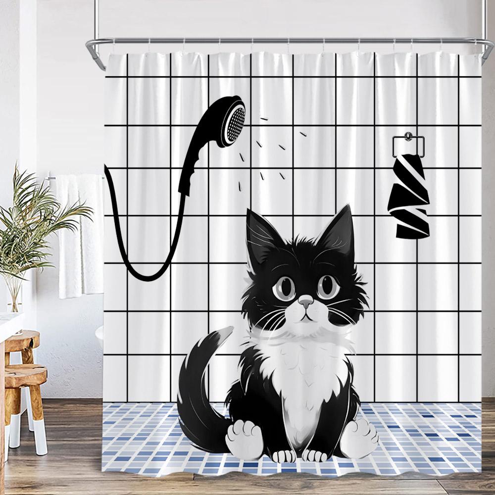 Cute Cats Shower Curtains Bathing Cats Cartoon Animals Bathroom Decortaions Kids Polyester Fabric Bath Curtains with Hooks