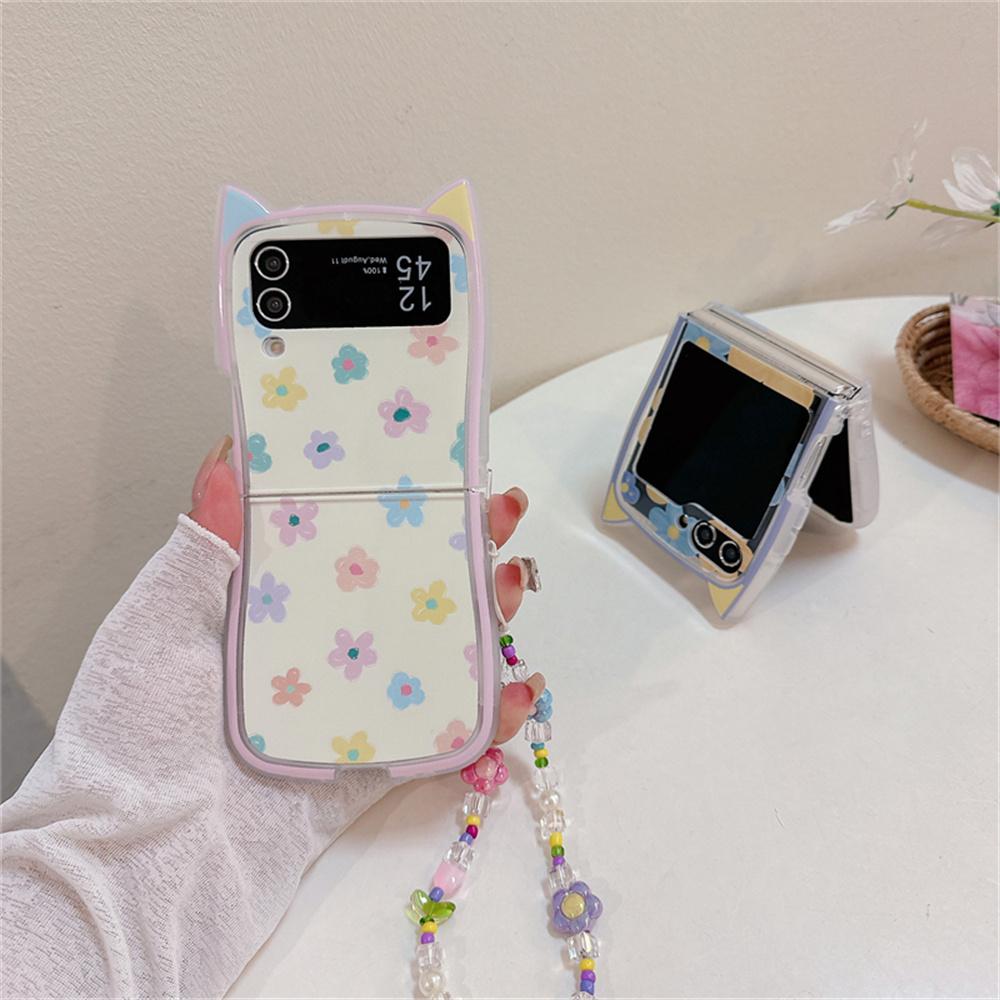 Custodia con Braccialetto a Catena per Polso Gatto con Orecchie da Fiore Cartone Animato per Samsung Galaxy Z Flip 6 5 4 3 Flip5 flip6 Pittura ad Olio Perline Braccialetto Copertura Colorata