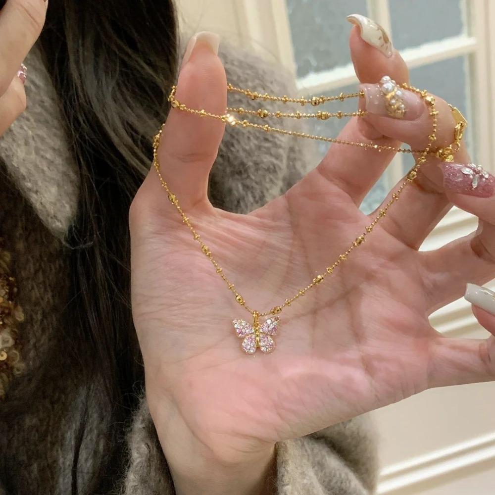 Luxury Butterfly Pendant Necklace with Pink Sapphire and Diamond French Vintage Jewelry for Women