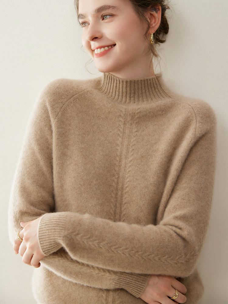 Women's Seven-Gauge Cashmere Sweater - Thick, Long-Sleeve, Solid Color, Half-High Neck Pullover for Autumn and Winter Warmth.