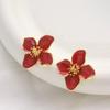 Pinkdudu Vintage Hibiscus Stud Earrings for Women Red Drop Glaze 3D Floral Earrings French Style Jewelry PD2323