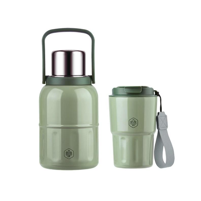 Bobao Youyue Stainless Steel Insulated Green Cup & Pot Set, Large Capacity, 2-Piece (BYY-TZ008C) 1100mL + 400mL