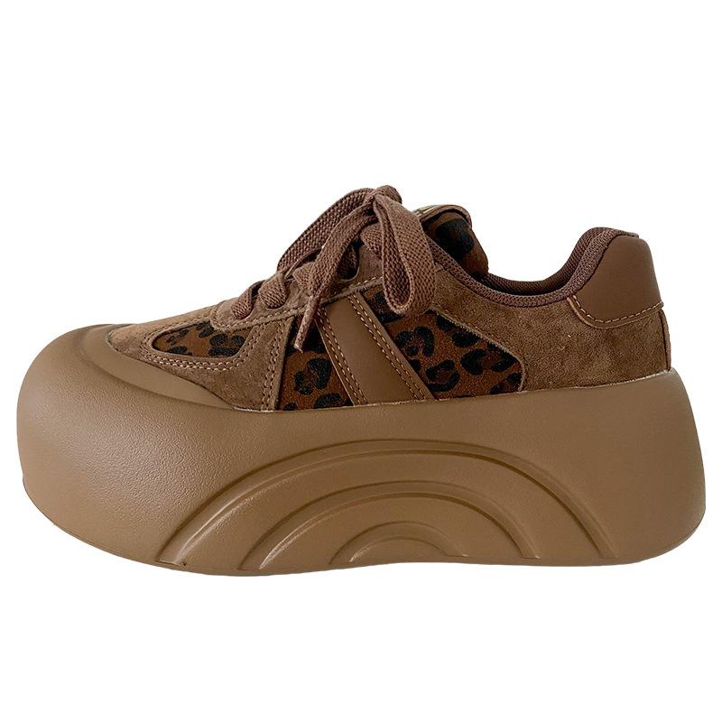 A350 latex insole/platform heightening board shoes women's shoes leopard print 2025 new round head chic Hong Kong style bread shoes