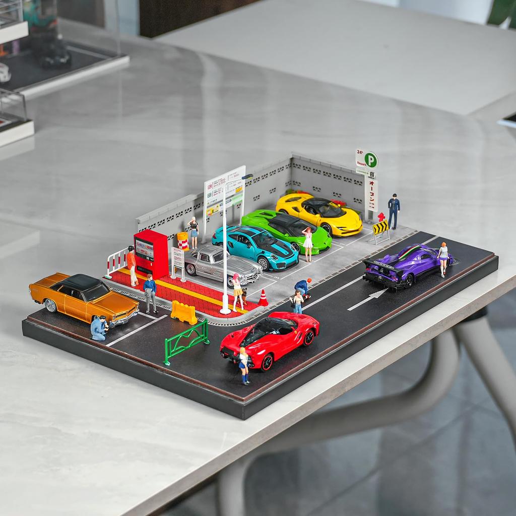 shoucangjia Lighted Scale Miniature Landscape Series Parking Garage for Hot Matchbox Diecast Model Cars Style Parking 1/64 Tomica, Wheels, (Japanese