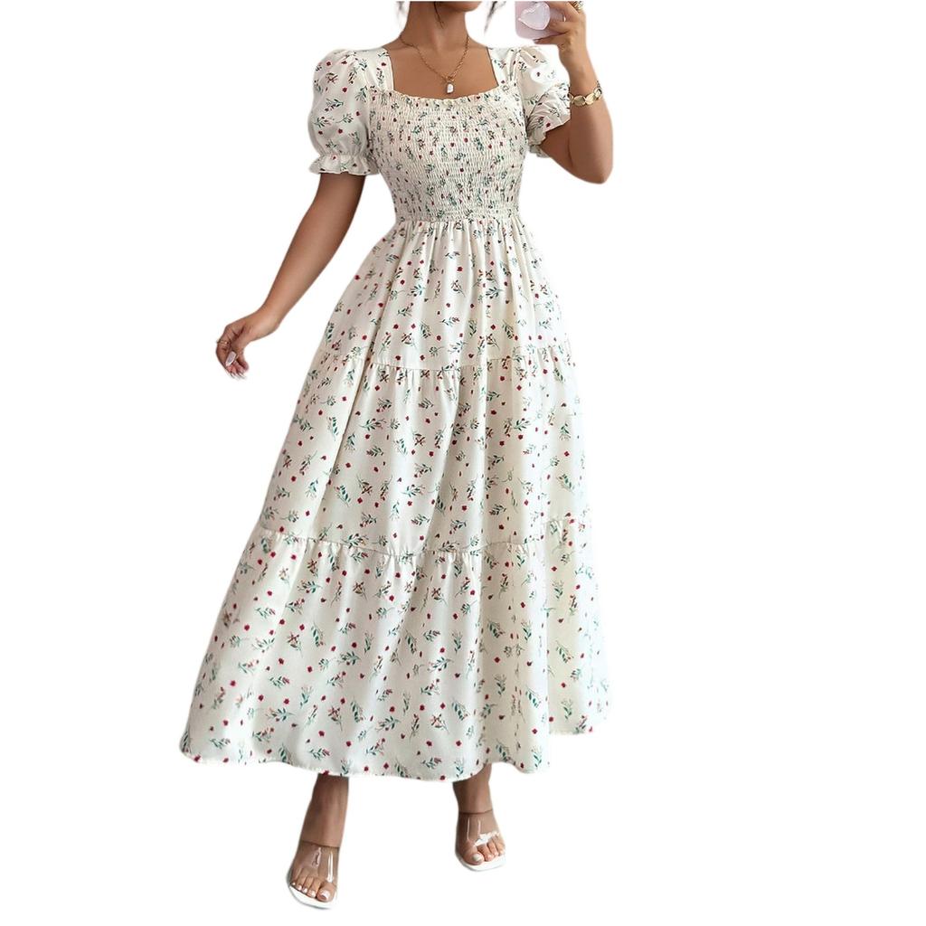 Women’s Square Neck Puff Sleeve Smocked Bodice Tiered Maxi Dress with Floral Print and Ruffle Hem Casual Style