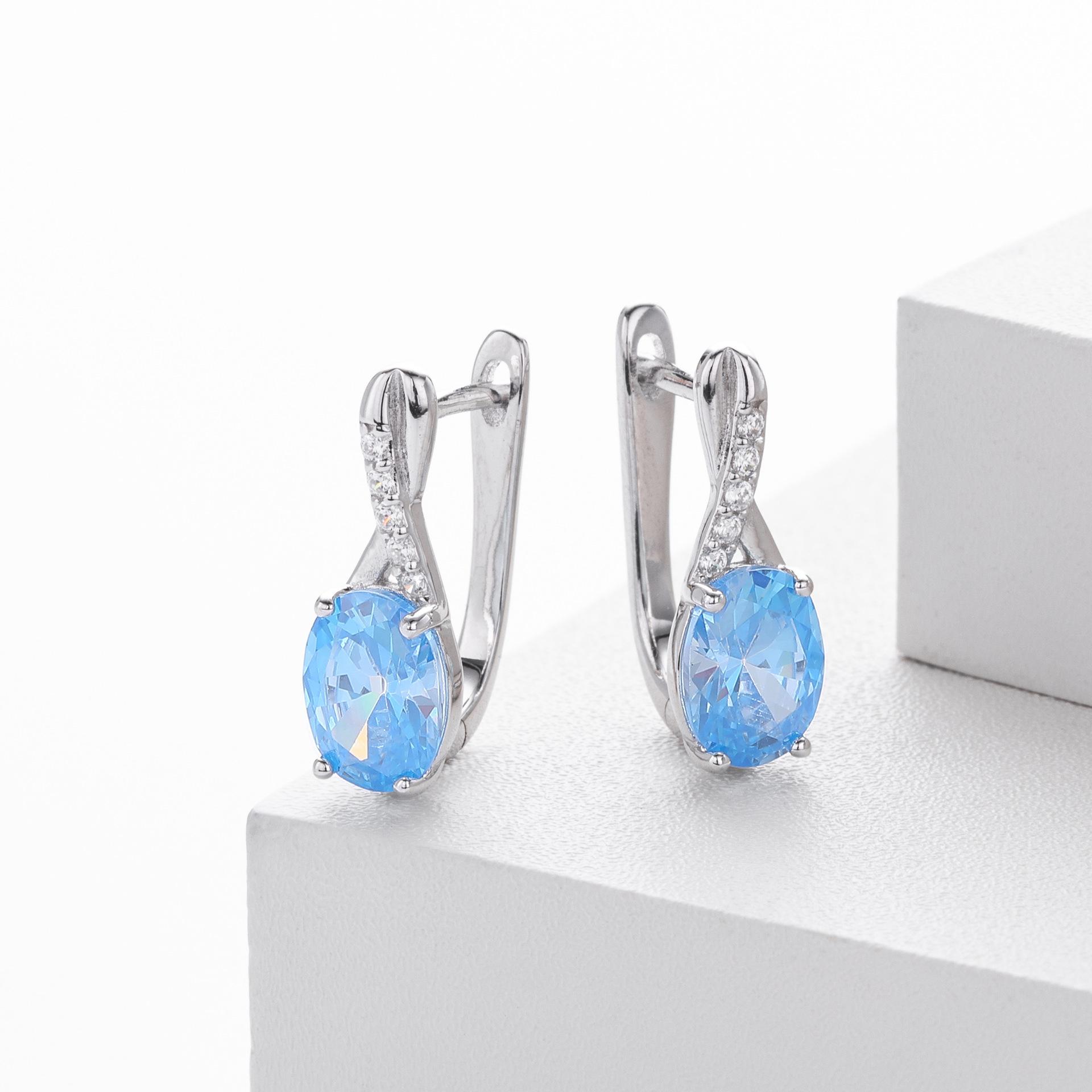 925 Sterling Silver Gold Plated Oval Blue Topaz CZ Twisted Hoop Earrings for Women Elegant Aquamarine Zircon Jewelry
