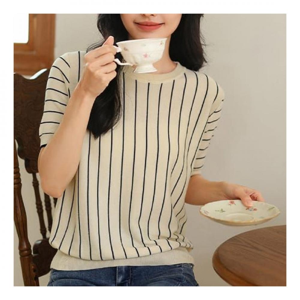Navava Women Casual Stripe Thin Short Sleeve Knit Nk2086