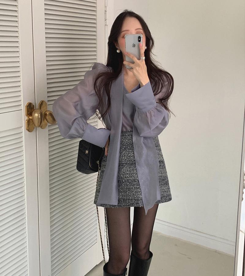 2026 Korean Chic V-Neck Ribbon Top for Women - Early Spring/Autumn Fashion One Size фиолетовый