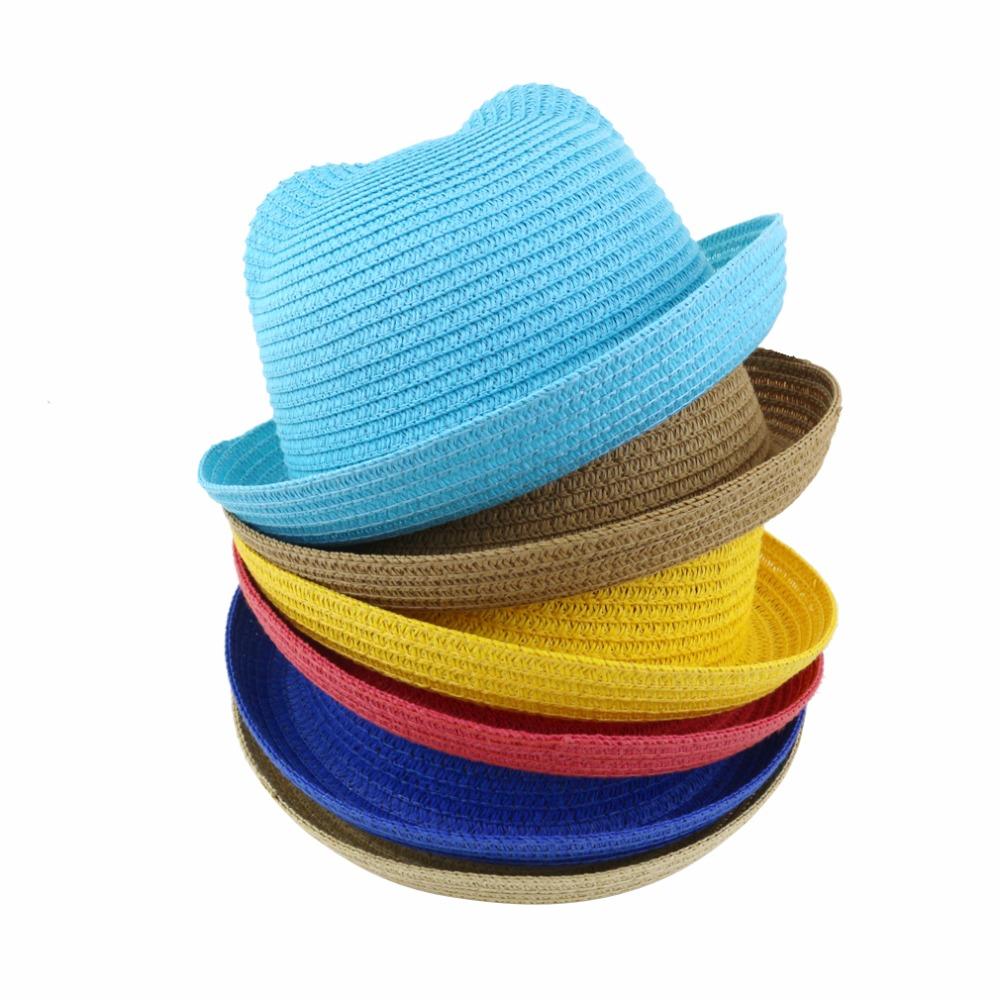 2018 Summer Baby Ear Decoration Lovely Children Character Solid Kid Floppy Panama Straw Hats Girls and Boys Sun Hat
