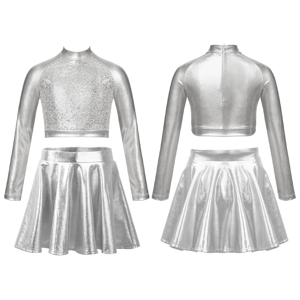 Kids Girls Glossy Metallic Dance Outfit Long Sleeve Sequin Crop Top Skating Short Skirt Suit for Figure Skating