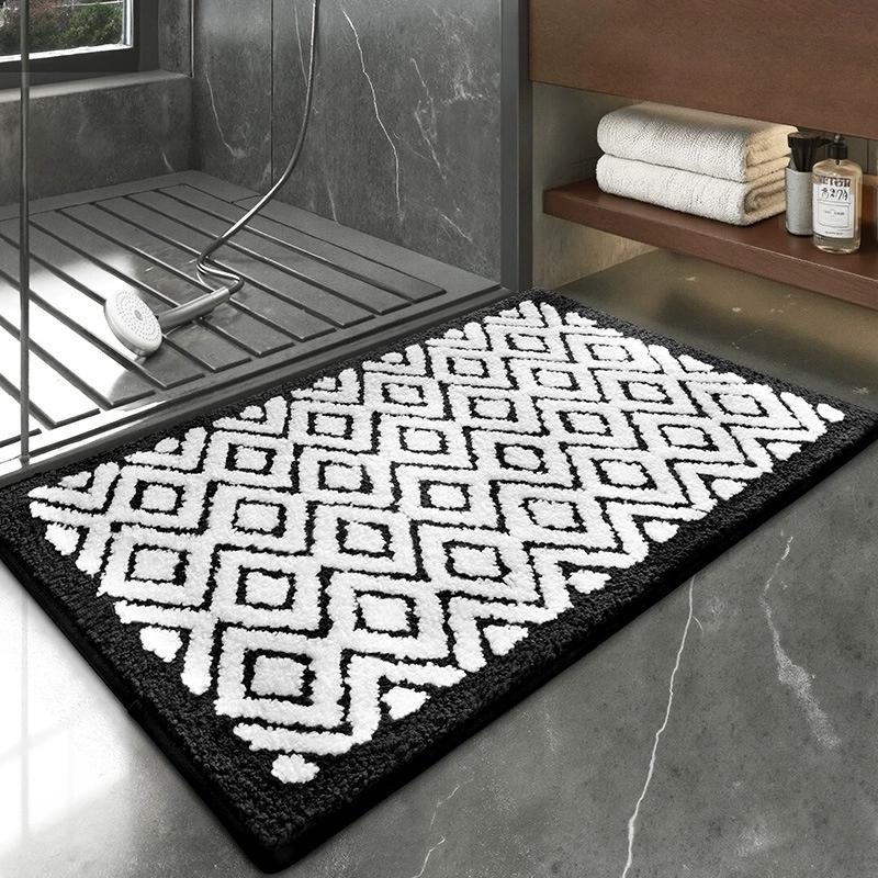 Schwarz Weiß Tufting Badezimmerteppich Weich Getufteter Geometrischer Schlafzimmerteppich Nachttischteppich Boden Rutschfest Aufräummatte Ästhetische Heimdekoration