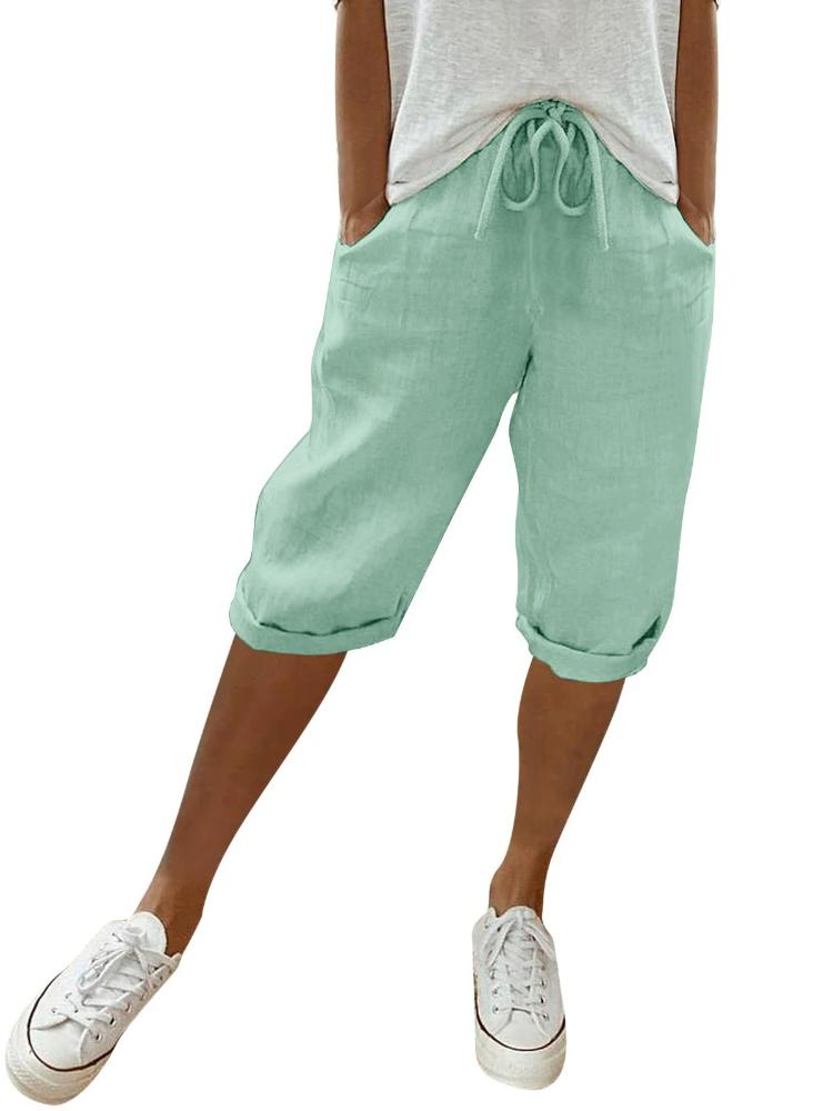 Thickened Fabric Women's Cotton Linen Pocket Elastic Casual Pants Women's Pants Quarter Pants