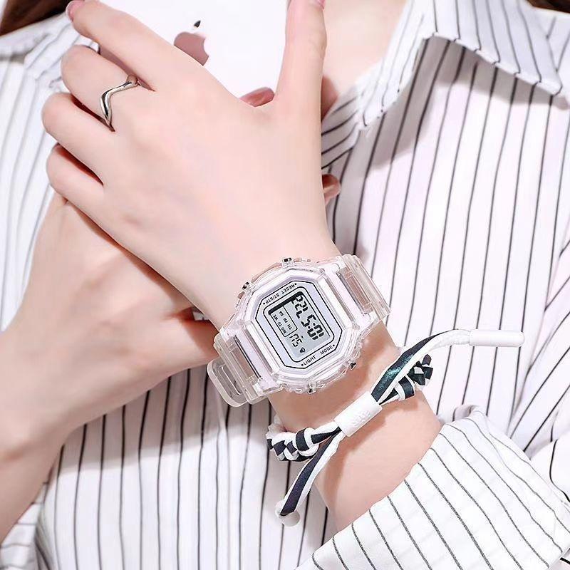 Reloj Deportivo Cuadrado Transparente Estilo Influencer de Moda para Mujer, Diseño LED Resistente al Agua