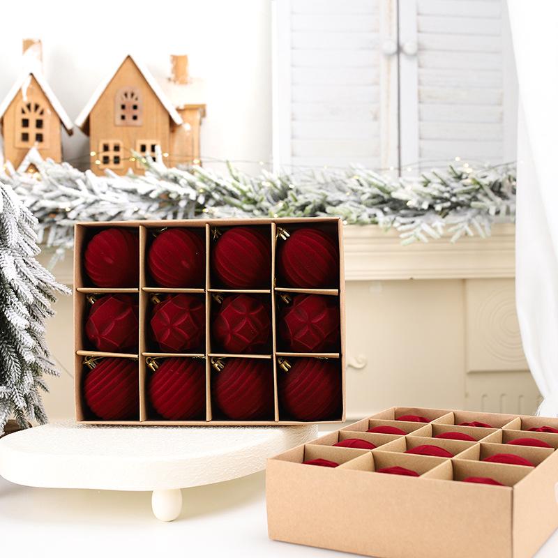 Christmas Flocked Velvet Balls, 6cm, 12-Piece Set - Irregular Plastic Tree Ornaments