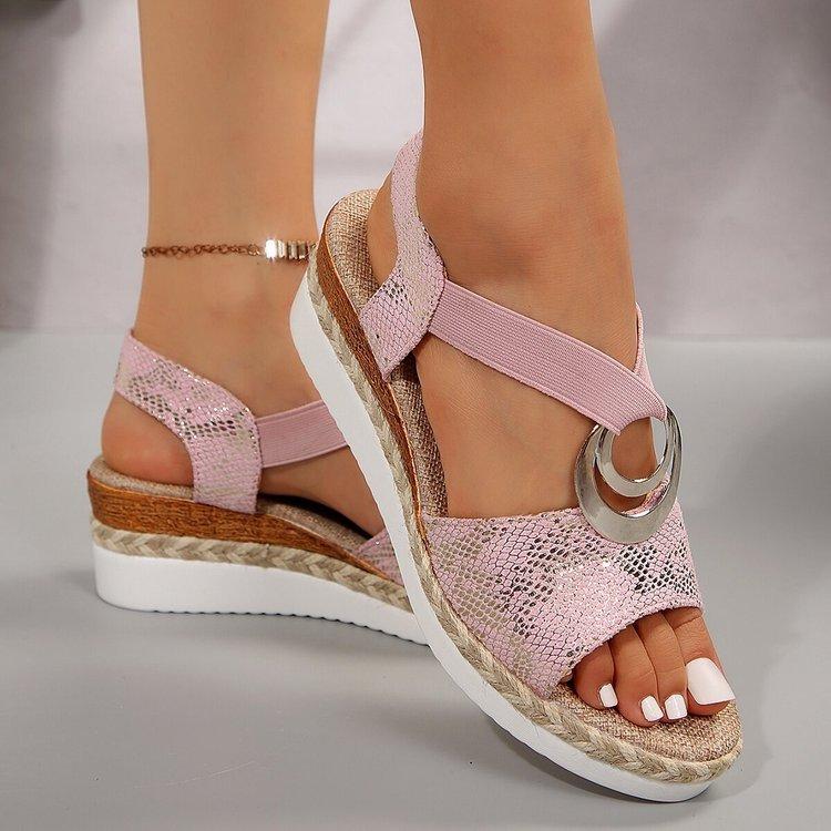 

Модные женские сандалии на танкетке, летние, с металлической отделкой, на платформе, гладиаторские, женские, удобные, повседневные, на среднем каблуке, сандалии, Sandálias Feminina 43 розовый