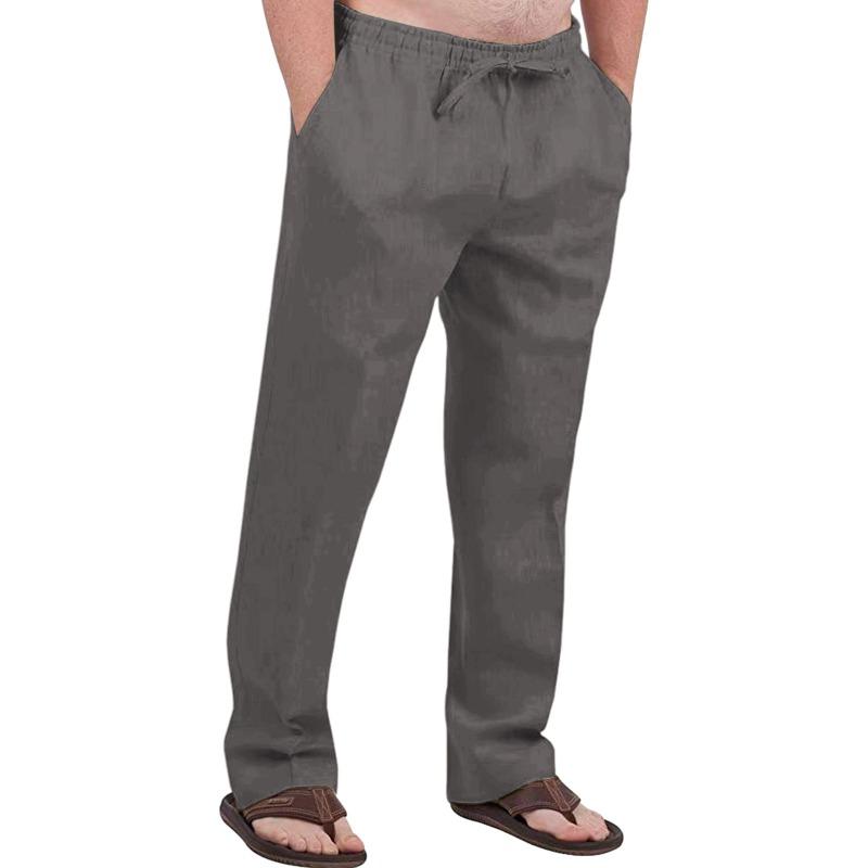 Herren Freizeit Atmungsaktive Baumwoll-Leinen Kordelzug Hose – Atmungsaktive Sommer Strandhose