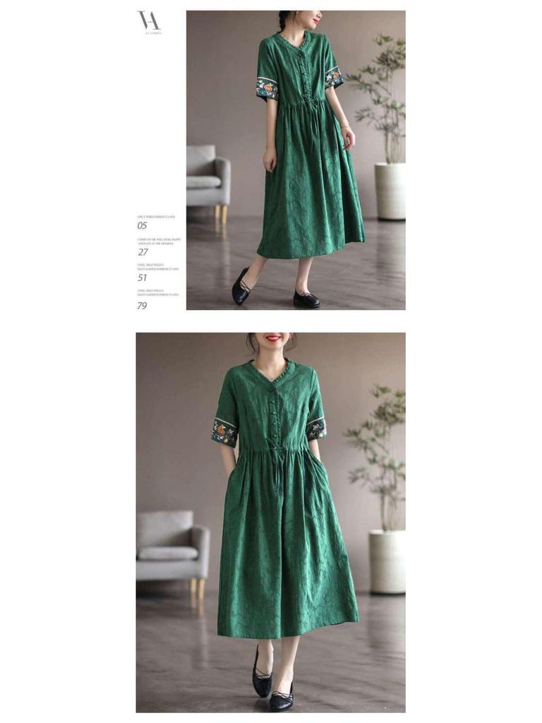 Damska Artystyczna Retro Sukienka z Krótkim Rękawem, Średniej Długości, z Haftowanego Bawełnianego i Lnianego Żakardu, ze Sznurkiem w Talii