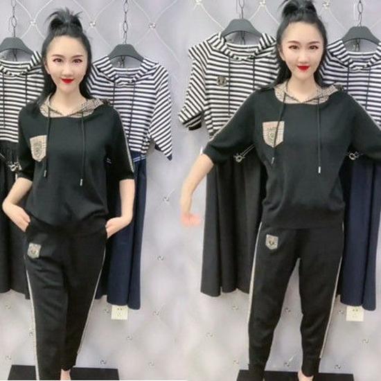 Summer Casual Hooded Set: Slimming Short-Sleeve Top & Long Pants for Middle-Aged Plus Size Women