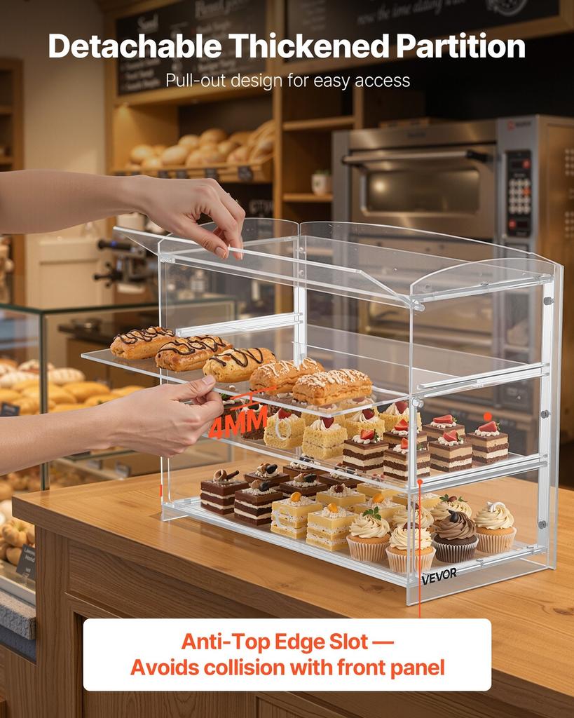 Bakery Display Case, 3-Tier Commercial Countertop Pastry Display Case, Clear Acrylic Bread Box for Kitchen, Party Cake Cabinet with Flip-Up Door for