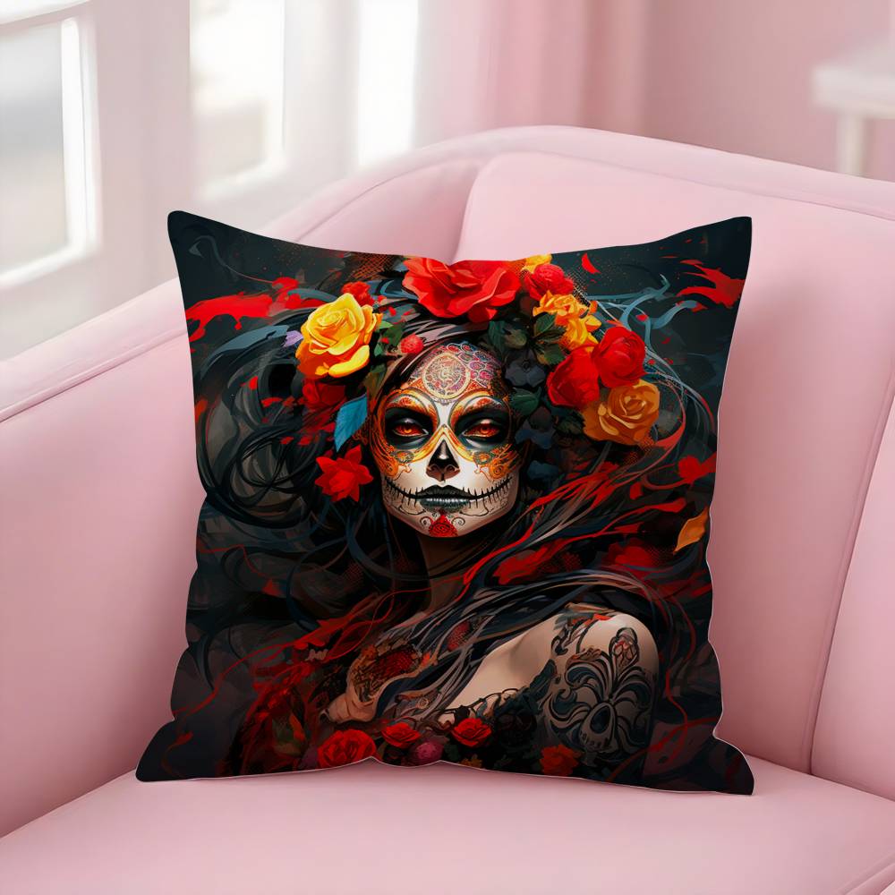 Poszewka na poduszkę Dziewczyna Cukrowa Czaszka Halloween Krótki plusz Dwustronny nadruk Kwadratowe poszewki na poduszki dekoracyjne Sofa Domowa Dekoracja poduszką