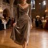Damen Samt Abendkleid mit langen Ärmeln, Schal-Ausschnitt, Raffung, Schlitz, Bodycon-Kleid, Midi-Kleid für Hochzeitsgäste
