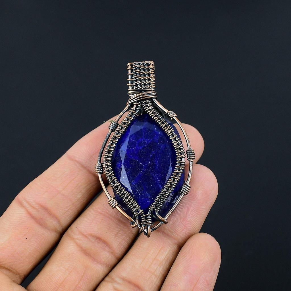 Blue Sapphire Pendant, Handmade Gemstone Pendant, 999 Copper Wire Wrapped Pendant Antique Jewelry, For Engagement Gift