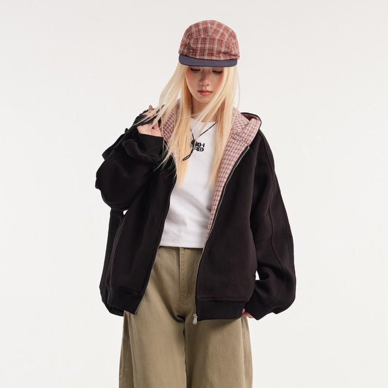Unisex Oversized Hooded Zip-Up Sweatshirt In Retro Plaid Print Cotton Fall Casual Wear