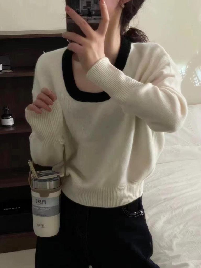 Women's U-Neck 100% Wool Korean-Style Chic Sweater - Autumn/Winter Collection
