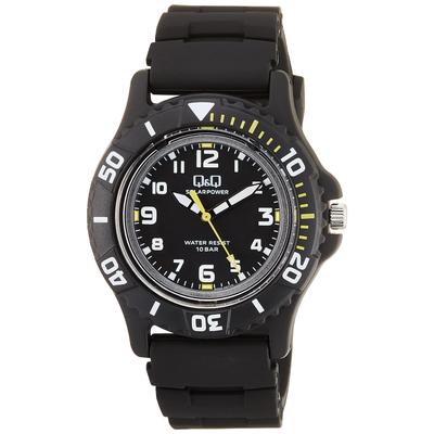 Q&Q Solar Watch 10ATM Water Resistant Lightweight Analog Sports Unisex Black with Urethane Band Easy-to-Read Dial E02A-001VK
