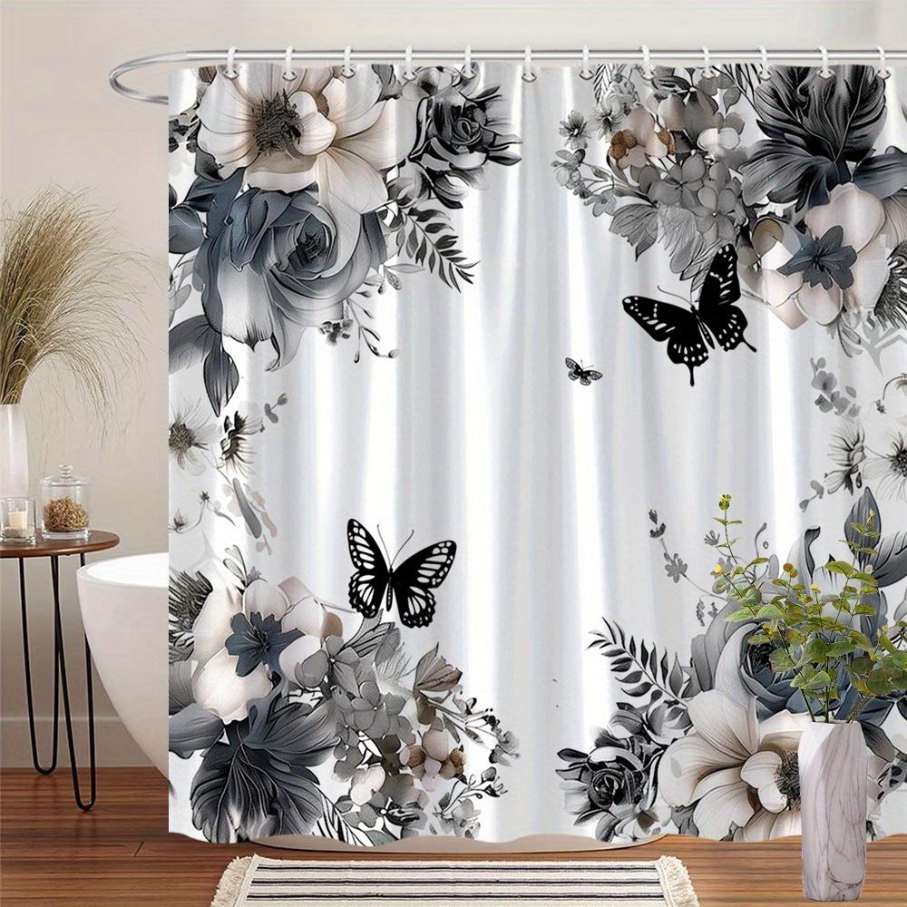 

1 Vintage Floral Butterfly Shower Curtain, Rose, Peony, Lily, Soft White/Gray/Blue - Machine Washable Polyester W60H190(CM)-1 Pcs