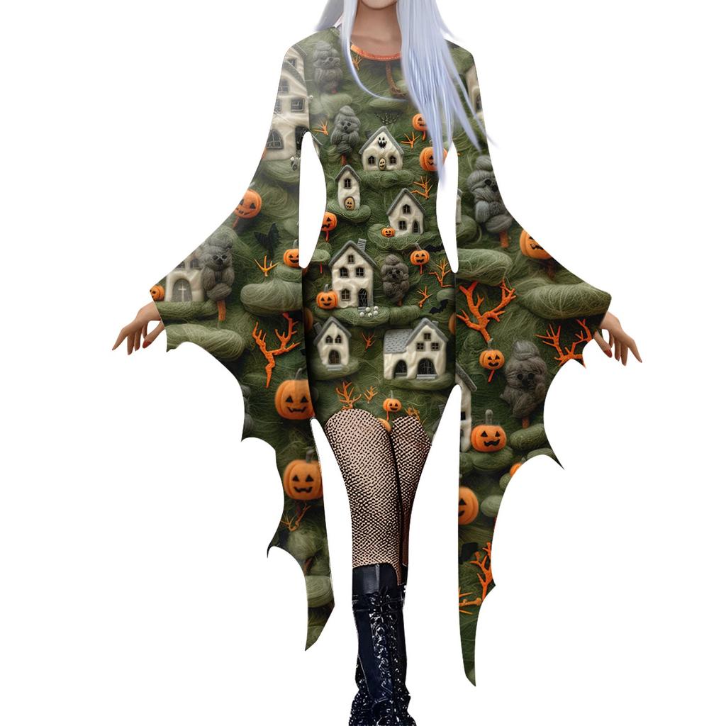 Women Fashion Gothic Punk Bat-Sleeve 3D Cute Halloween Print Irregular Party Dress