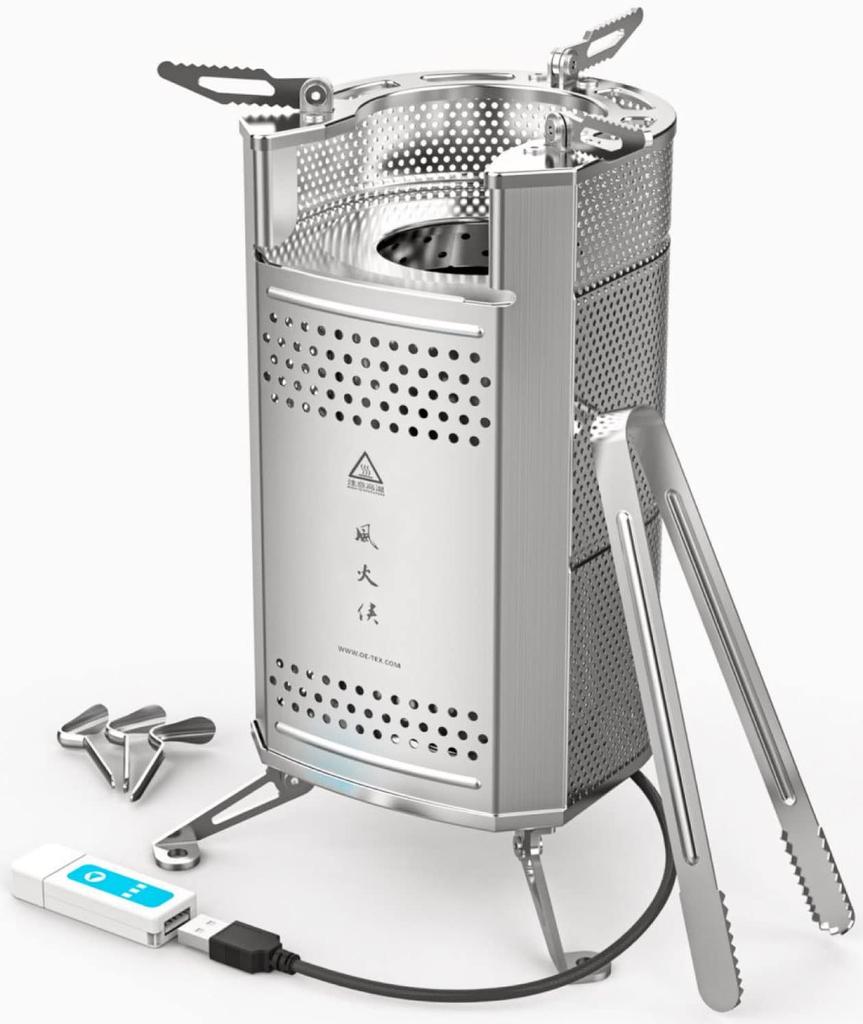 Compact Wood Stove with Fan, 3-Stage Airflow Control, USB Power Bank Connection, Secondary Combustion, 4 Pegs, Tongs, Storage Bag, Japanese Manual, Wa