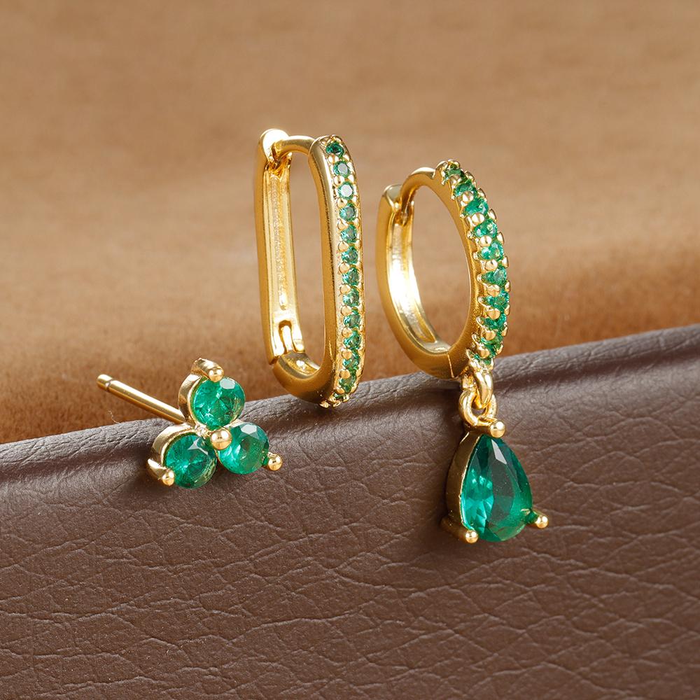 3PCS Fashion Water Drop Huggie Hoop Earrings Set for Women Three-petal Flower Stud Earrings Prevent Allergy Piercing Jewelry