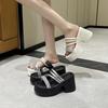 European Station 2025 Summer New Product Slope Heel Thick Bottom Heightened Feminine Rhinestone Surface One-word Slippers Wear Cool Slippers