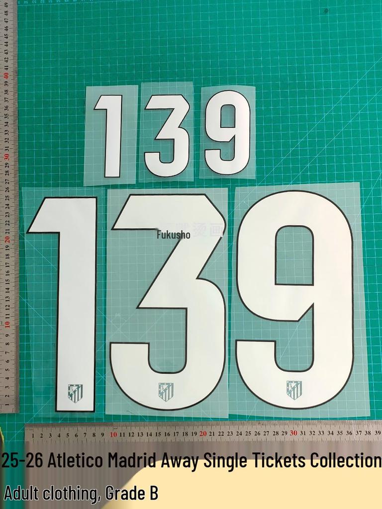 Atletico Madrid 25-26 Away Jersey Number and Letter Heat Transfer Stickers, B Grade, Adult Size