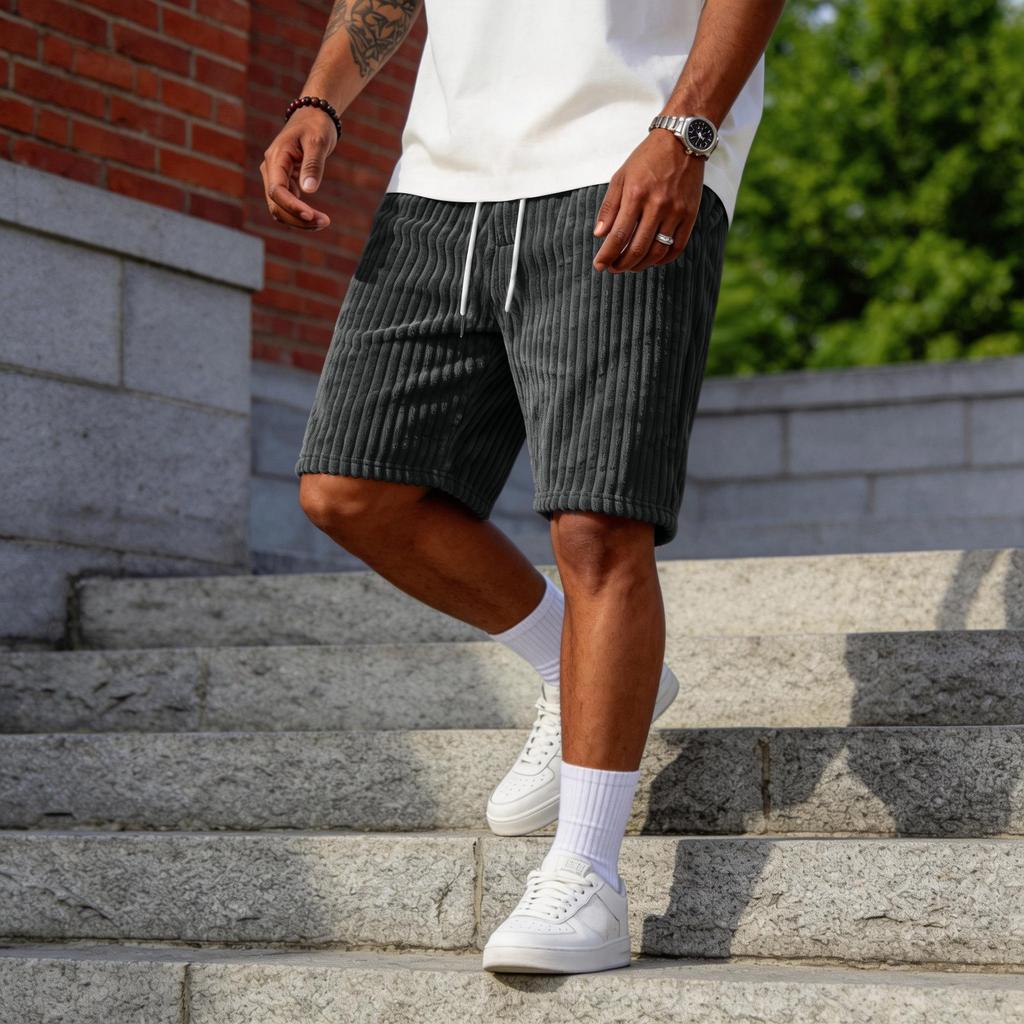 Men’s Corduroy Shorts with Patch Pockets Relaxed Fit Mid Length Elastic Waistband Casual Design