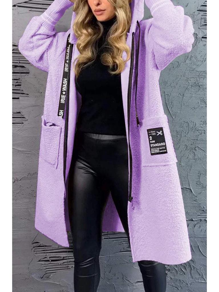 2024 Casual Lambswool Patchwork Letter Hooded Coat with Drawstring Zipper