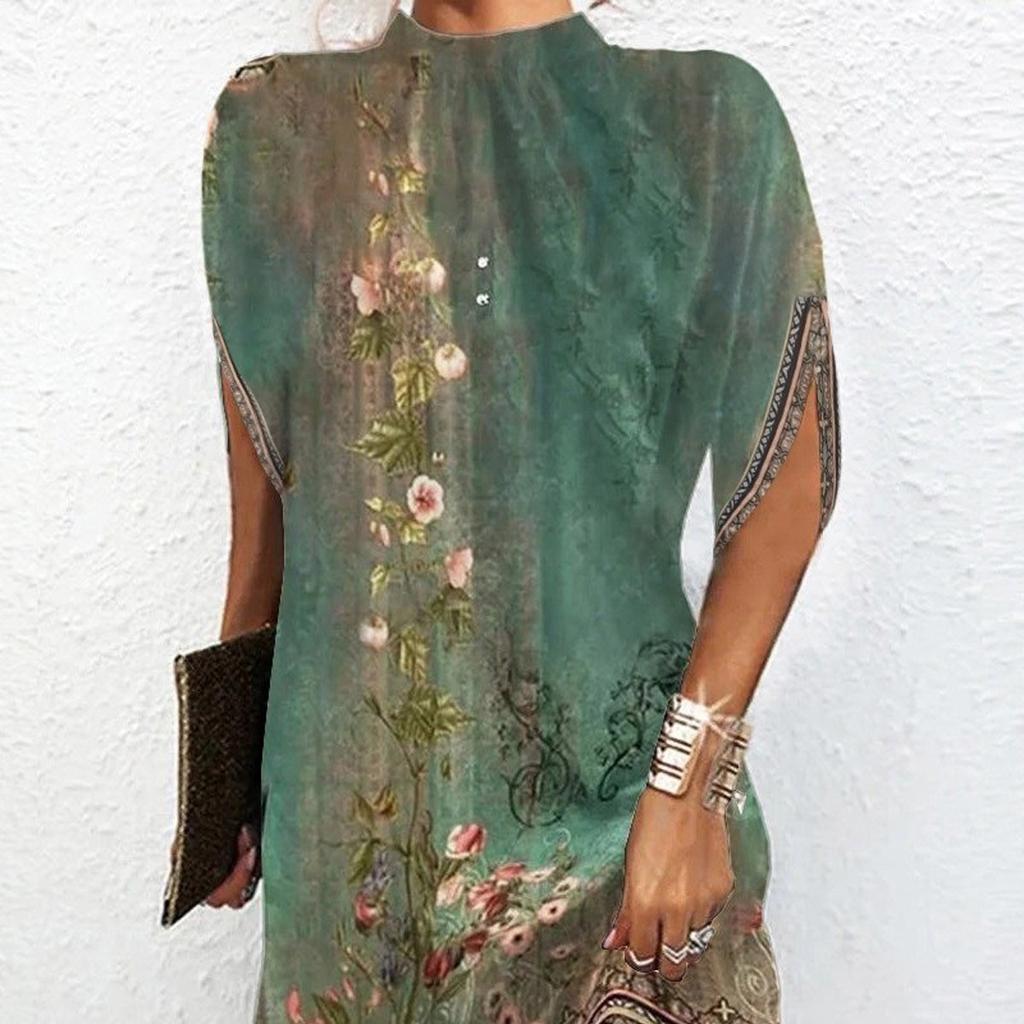 YYFS Women's Fashion Summer Spring Flower Pattern Print 1/2 Sleeves O-Neck Middle Waistline Casual Dresses