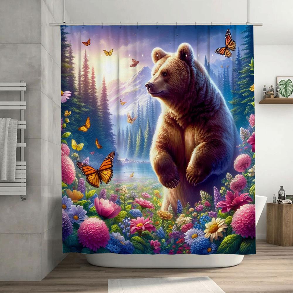 Fantasy Forest Shower Curtain Printed Polyester Waterproof Home Decor Wildlife Bears Butterflies Garden Scene Dimensions: W72 x