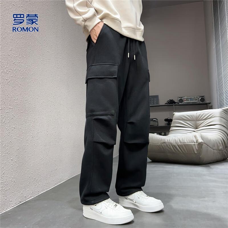 ROMON Men's Solid Color Drawstring Casual Long Pants