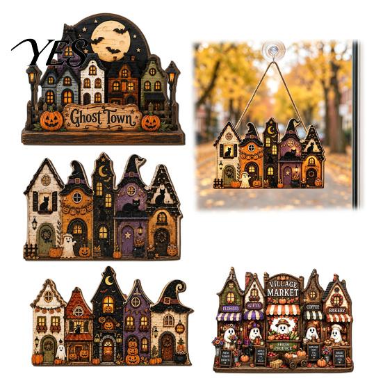 Haunted House Wall Decoration Halloween Wooden Hanging Pendant with Hemp Rope for Door Autumn Seasonal Art Decoration, Castle Ornaments Pumpkin Ghost
